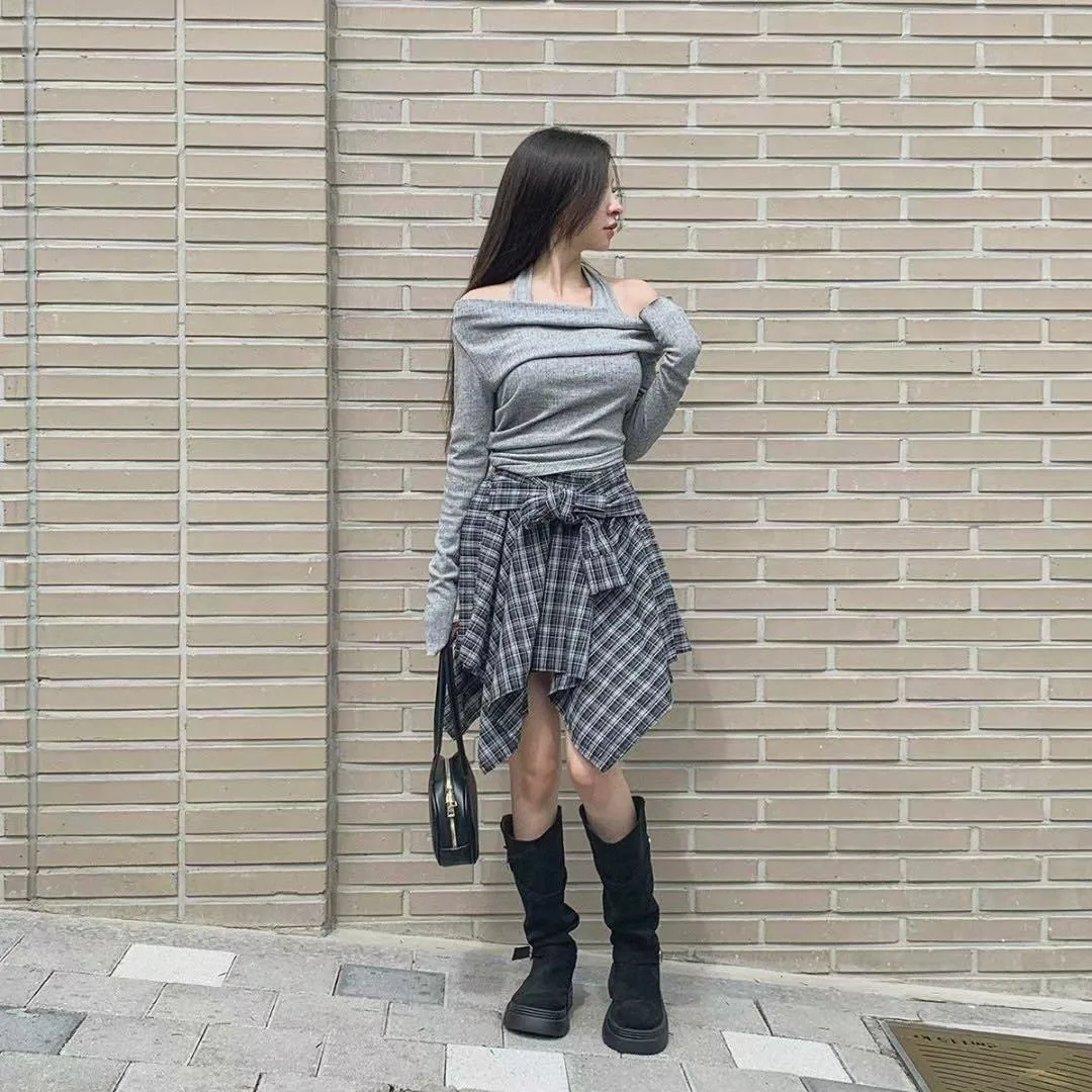 正韓褶皺掛脖針織上衣