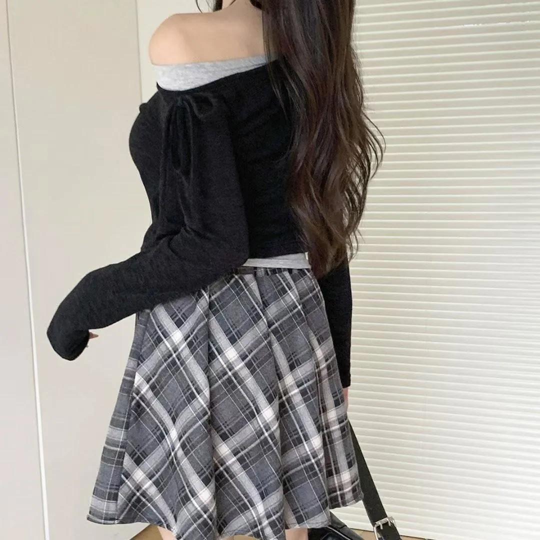 正韓拼色露肩上衣