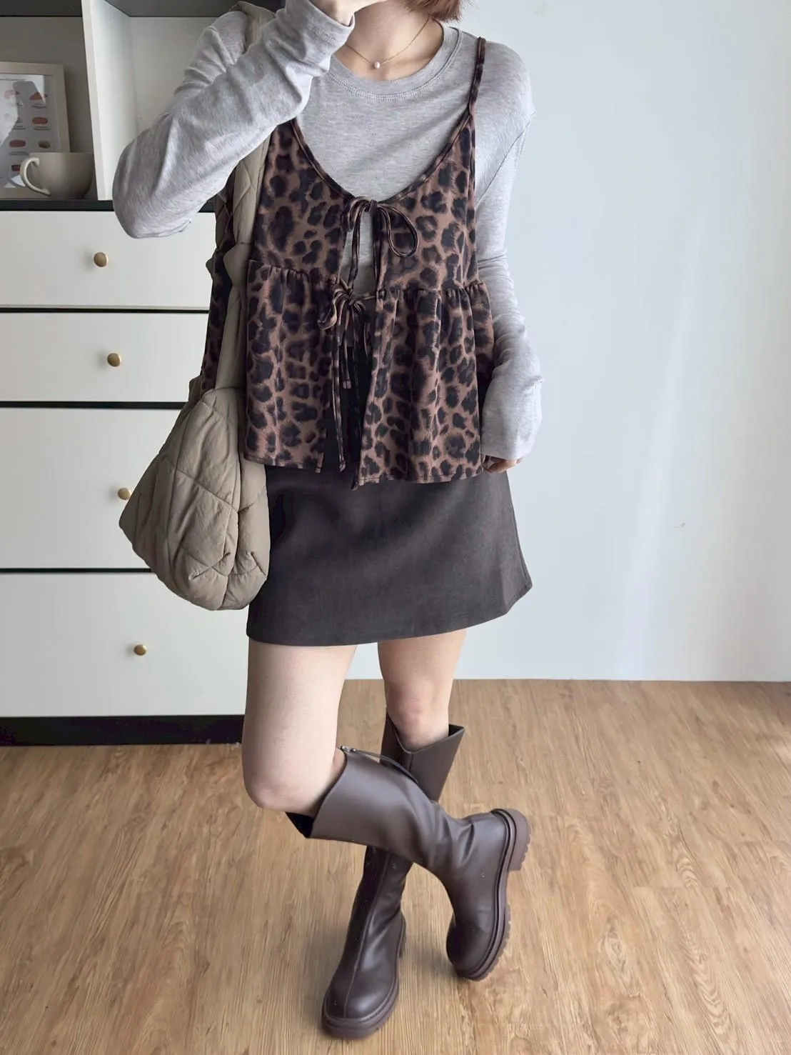 前綁帶豹紋細肩背心