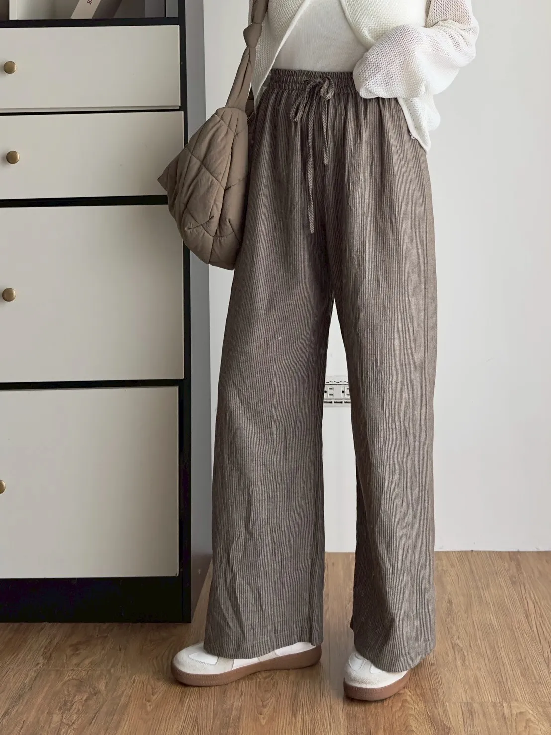 直條綁帶棉麻長褲