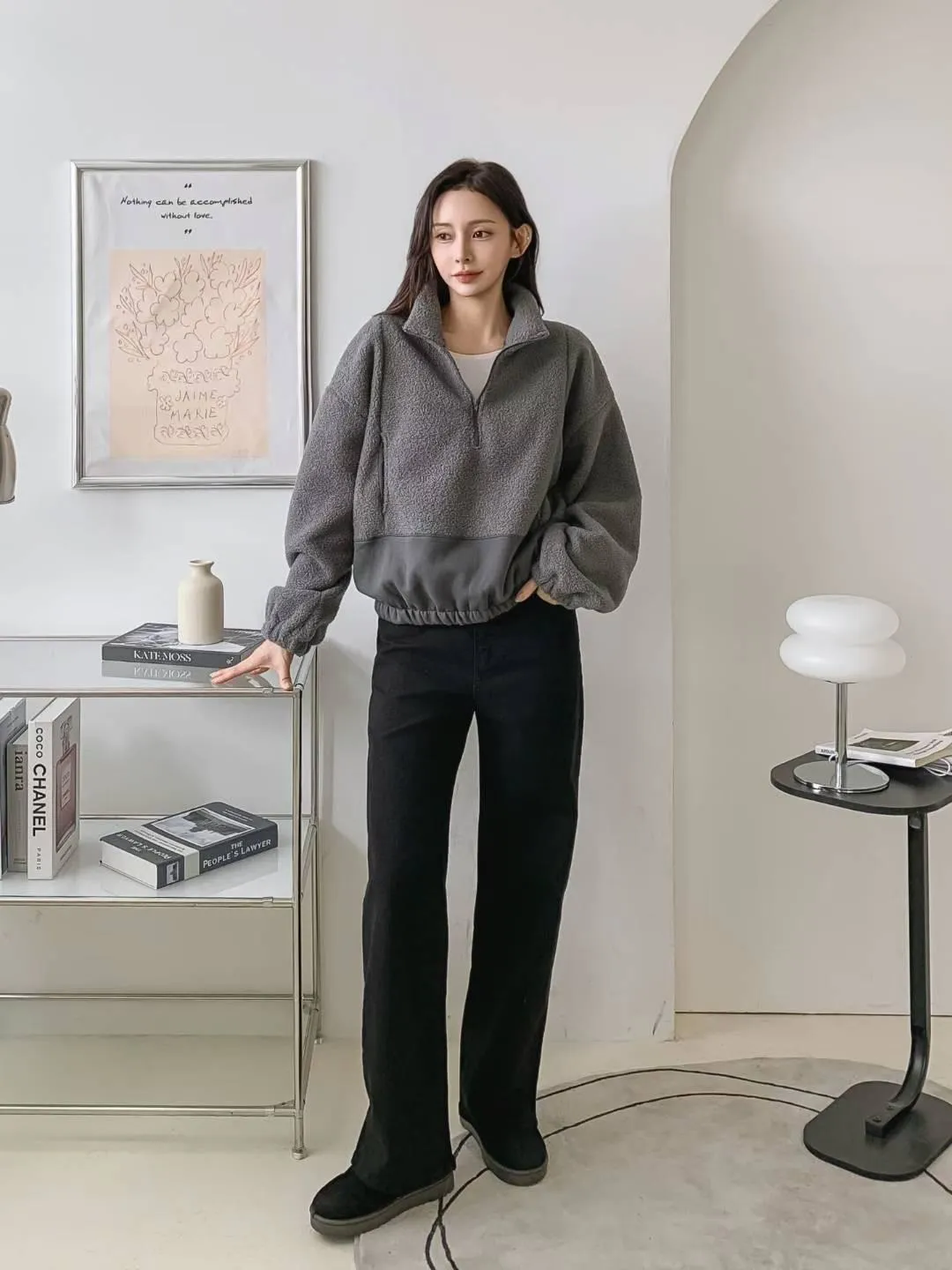 正韓QQ毛拉鏈口袋休閒上衣