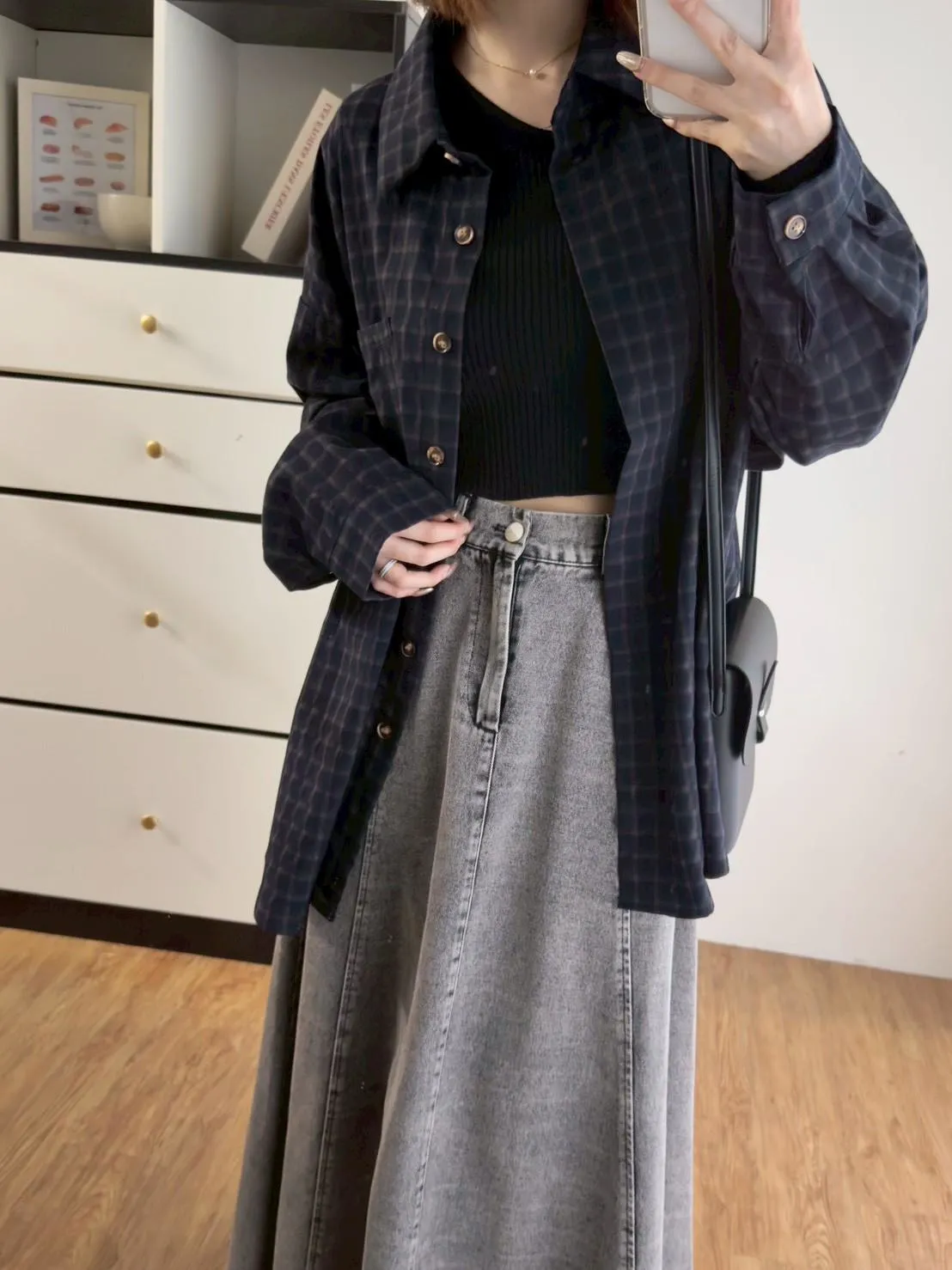 後抽繩雙色格子襯衫