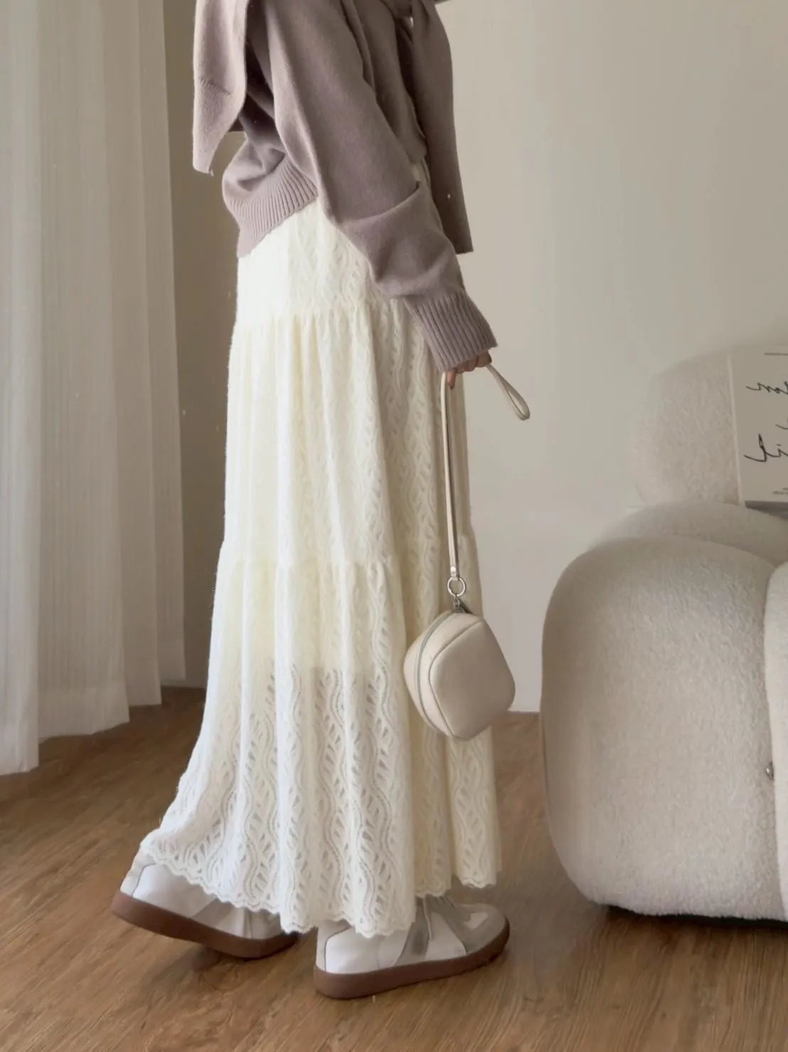 加絨蕾絲蛋糕長裙