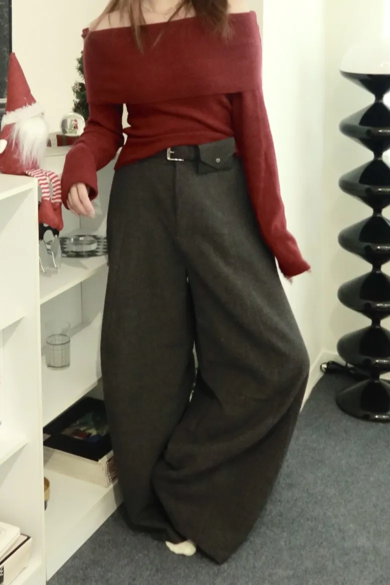 毛呢彎刀闊腿西裝褲（附腰帶）