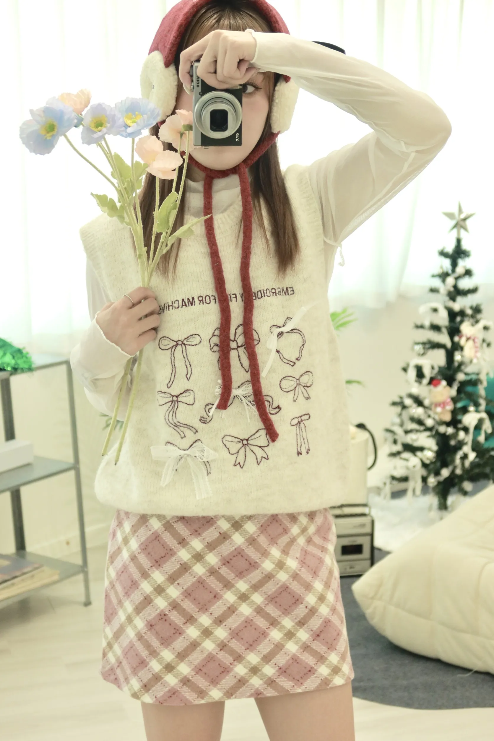 韓系休閒刺繡羊毛蝴蝶結背心