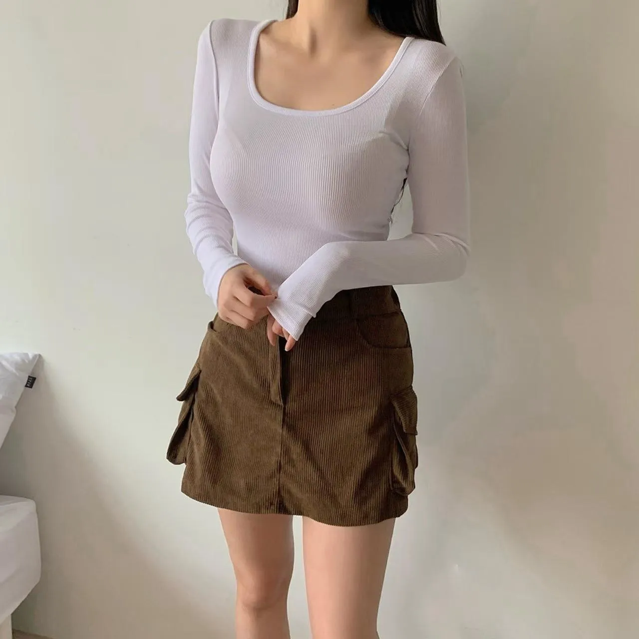 正韓收腰羅紋顯瘦上衣