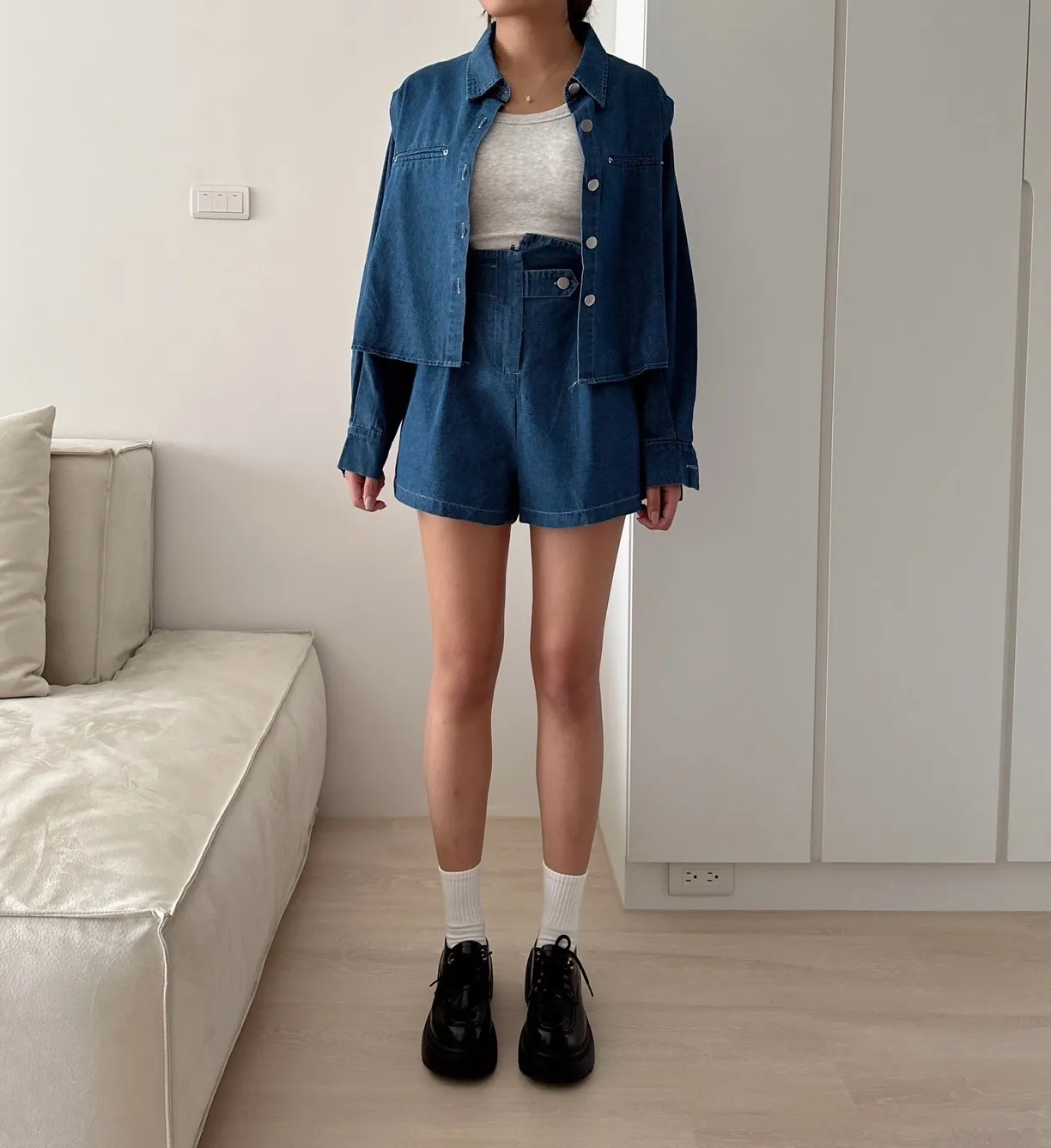 懶人穿搭-軟牛仔輕布襯衫顯瘦套裝