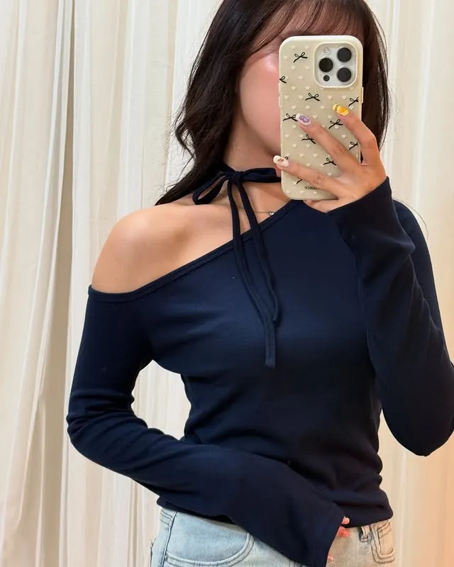 正韓不對稱露單斜肩顯瘦長綁帶掛脖上衣