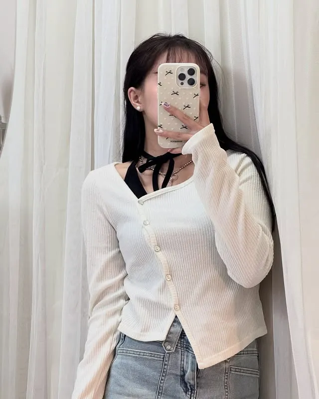 正韓不對稱羅紋長袖踢恤