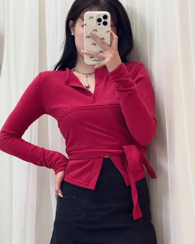 正韓裹身鈕扣緞帶長袖上衣