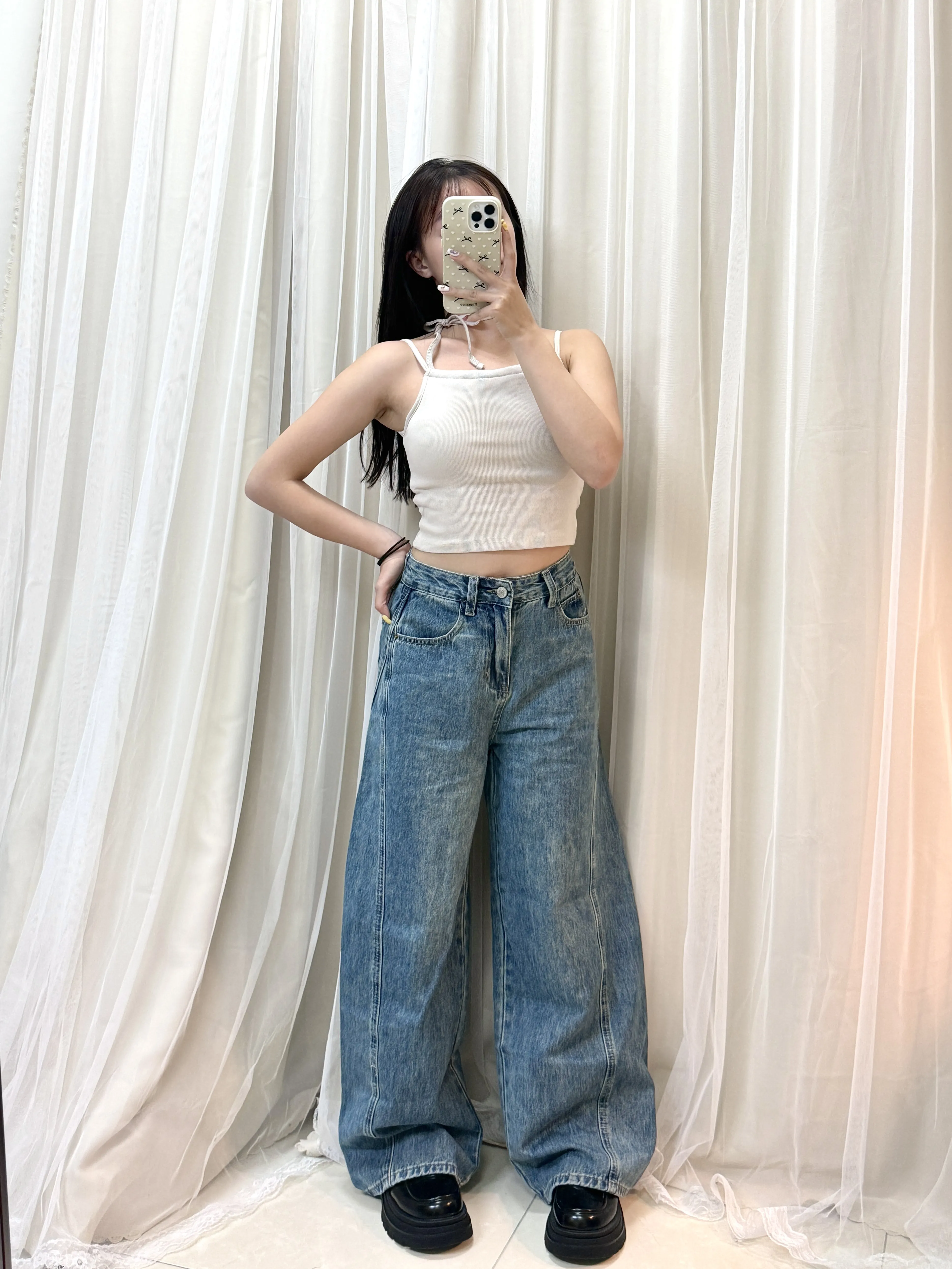 大腿藏匿術-顯瘦刷色高腰錐形寬褲