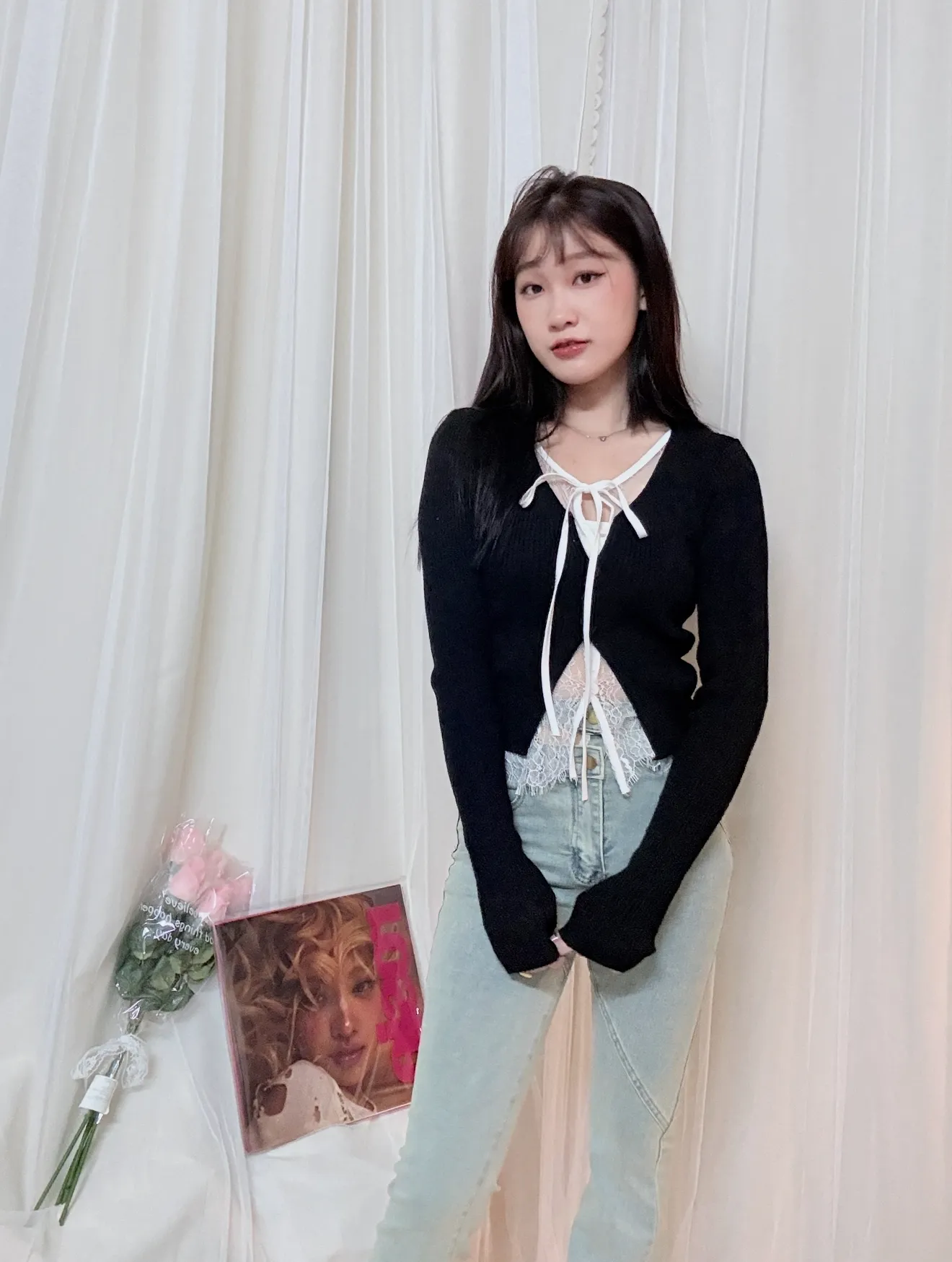 Threads爆紅-假兩件蕾絲拼接針織開衫氛圍感上衣