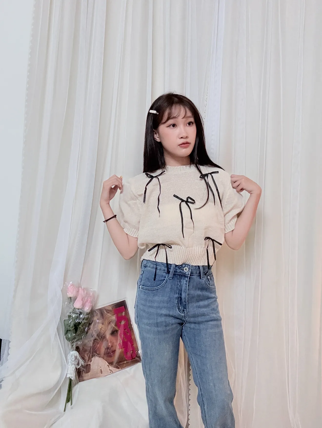 公主氣質-蝴蝶結甜美短款針織短袖上衣