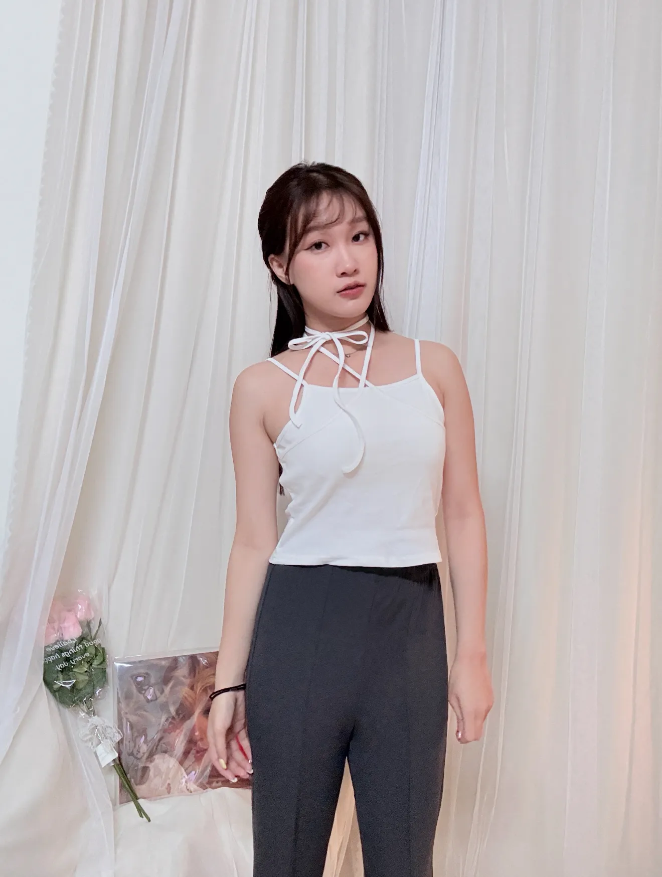 夏日心機-綁帶繞脖假兩件背心