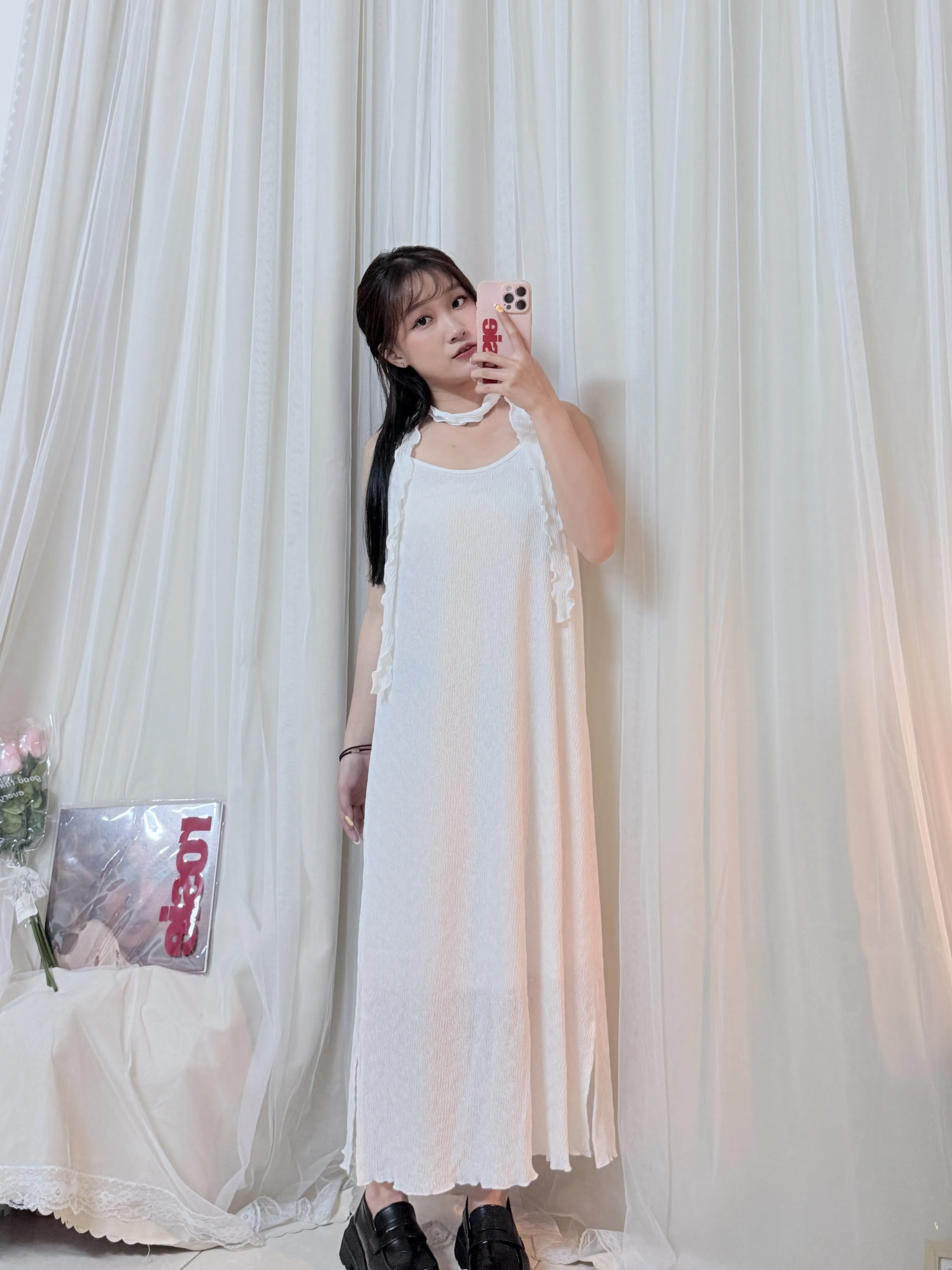 仙女必備-細肩捲捲絲帶水波紋洋裝