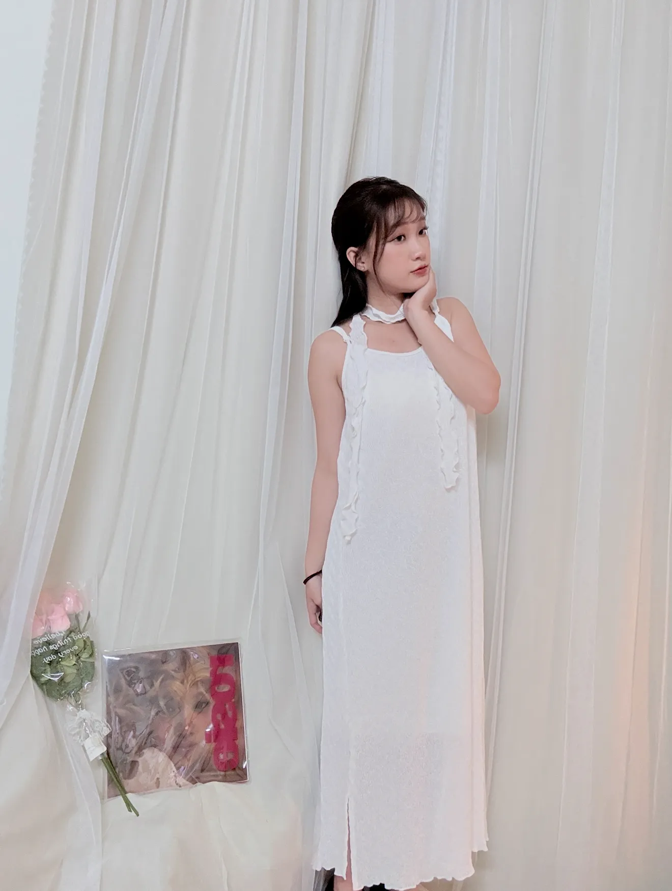 仙女必備-細肩捲捲絲帶水波紋洋裝