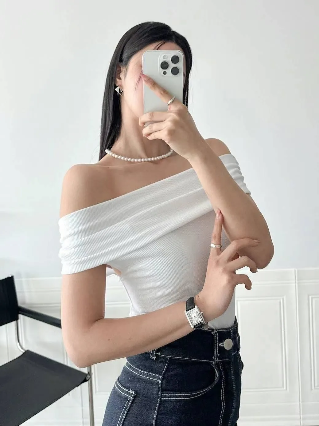 正韓一字領修身顯瘦上衣