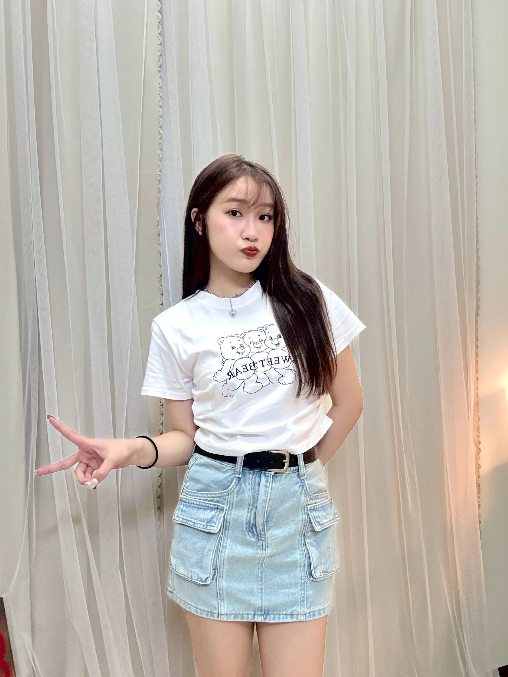 不透白T-正韓側抓皺彩虹熊上衣