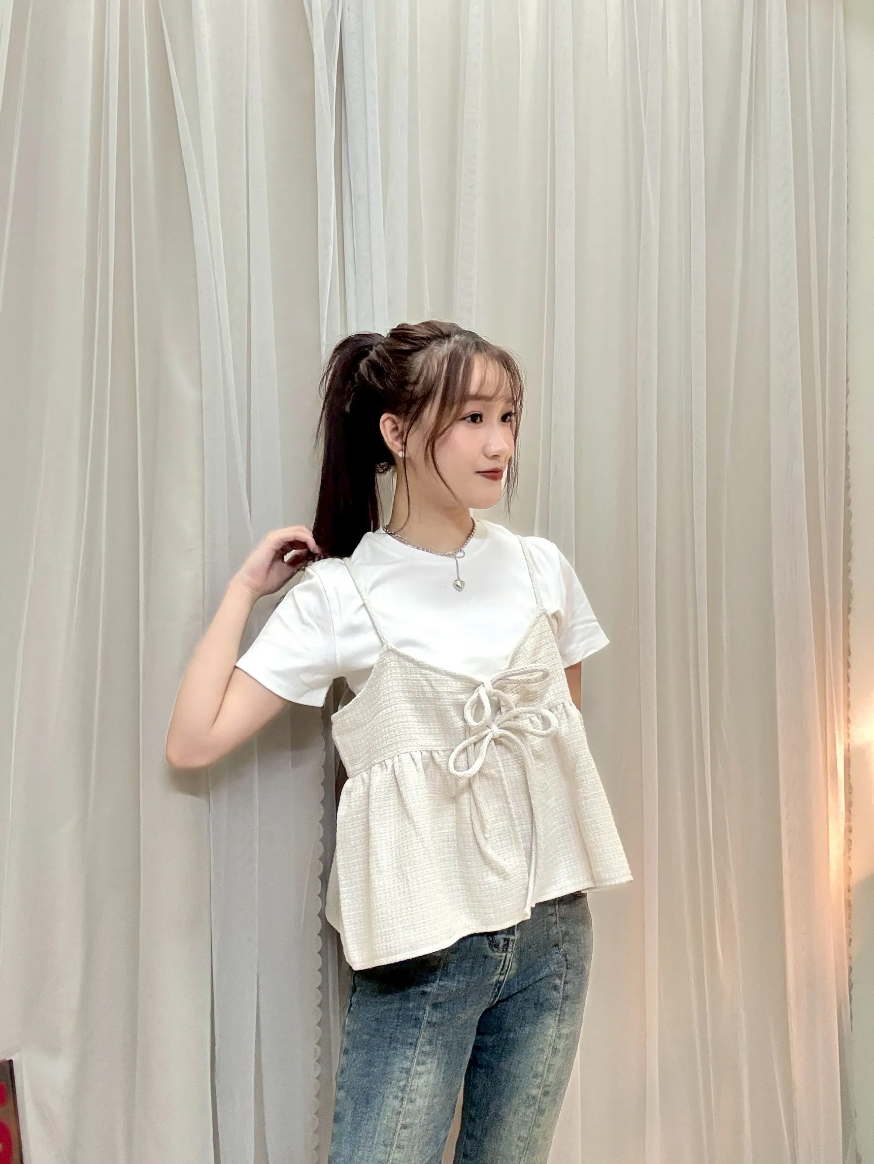 日系疊穿-細肩小香格紋雙綁帶背心