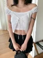 正韓蕾絲邊綁帶短袖罩衫