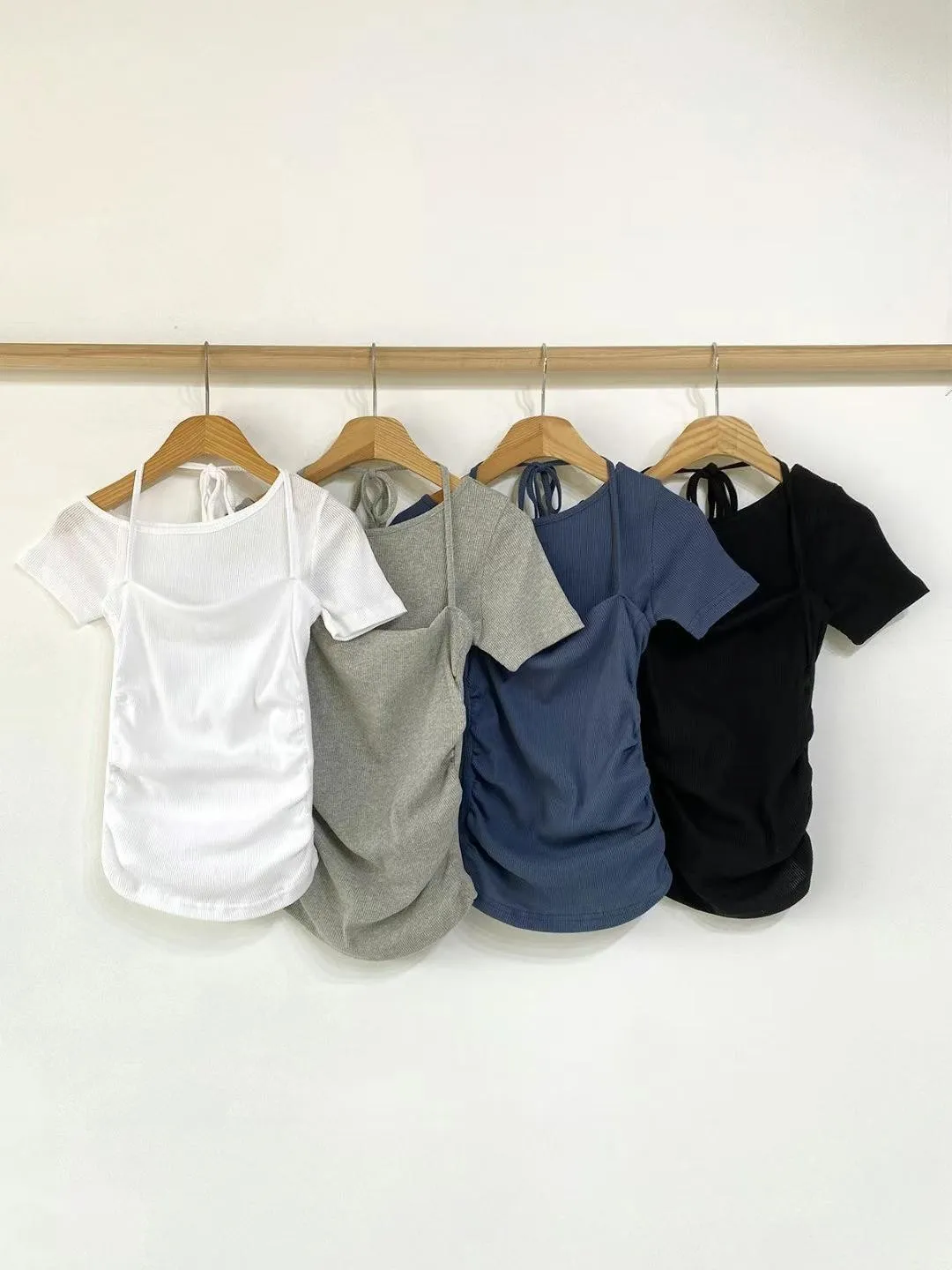 正韓假兩件側抓皺綁帶上衣