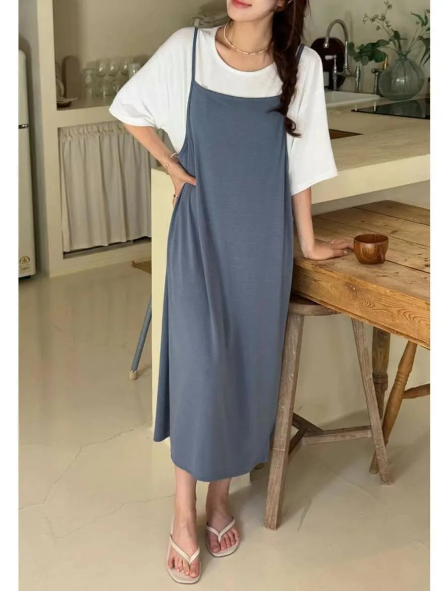 正韓慵懶自在的兩件式細肩長洋