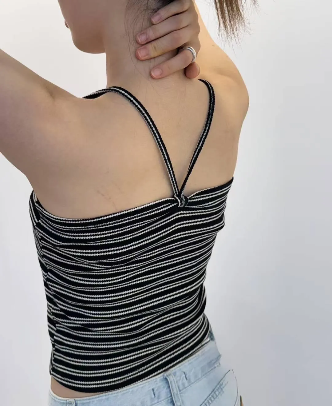 正韓褶皺條紋針織吊帶蝴蝶結層背心