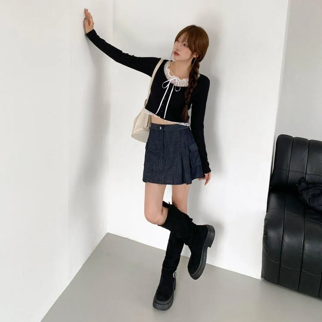 正韓蕾絲針織假兩件上衣