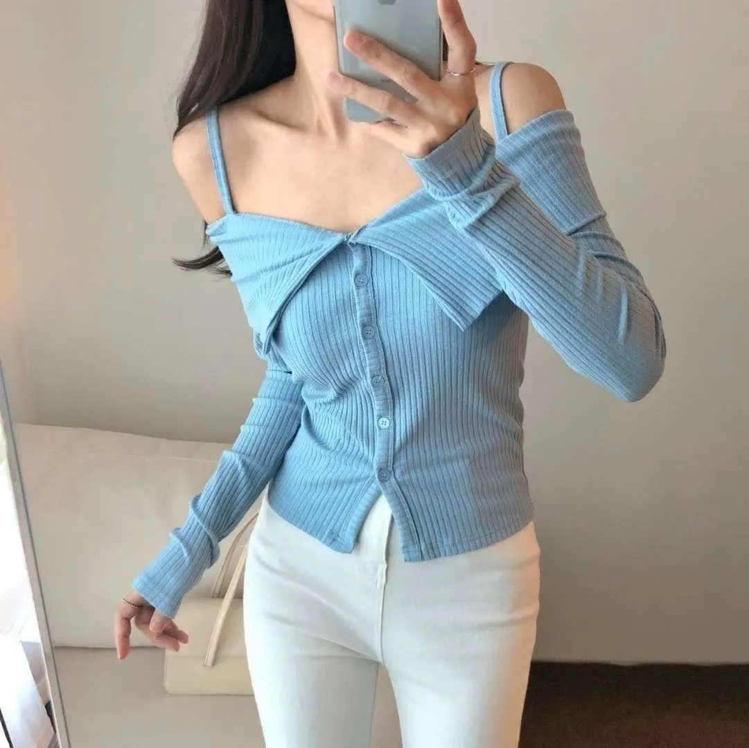 正韓翻領一字肩上衣