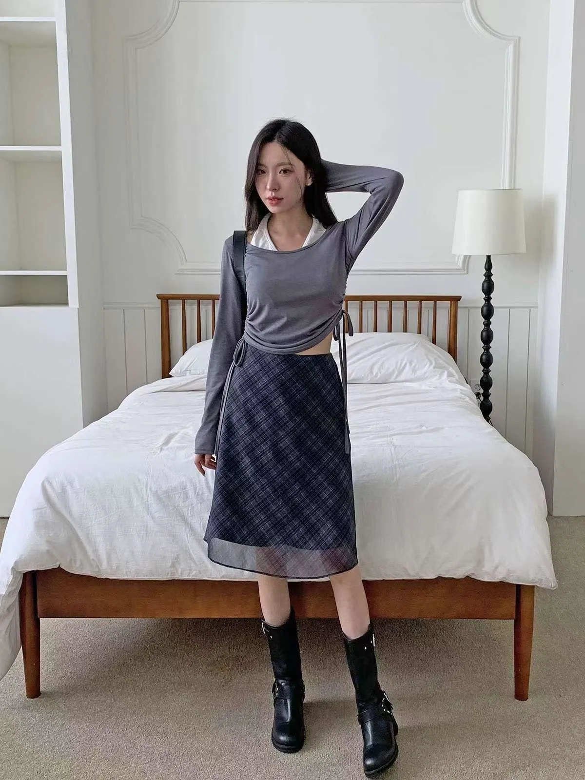 正韓假兩件側抓皺掛脖上衣