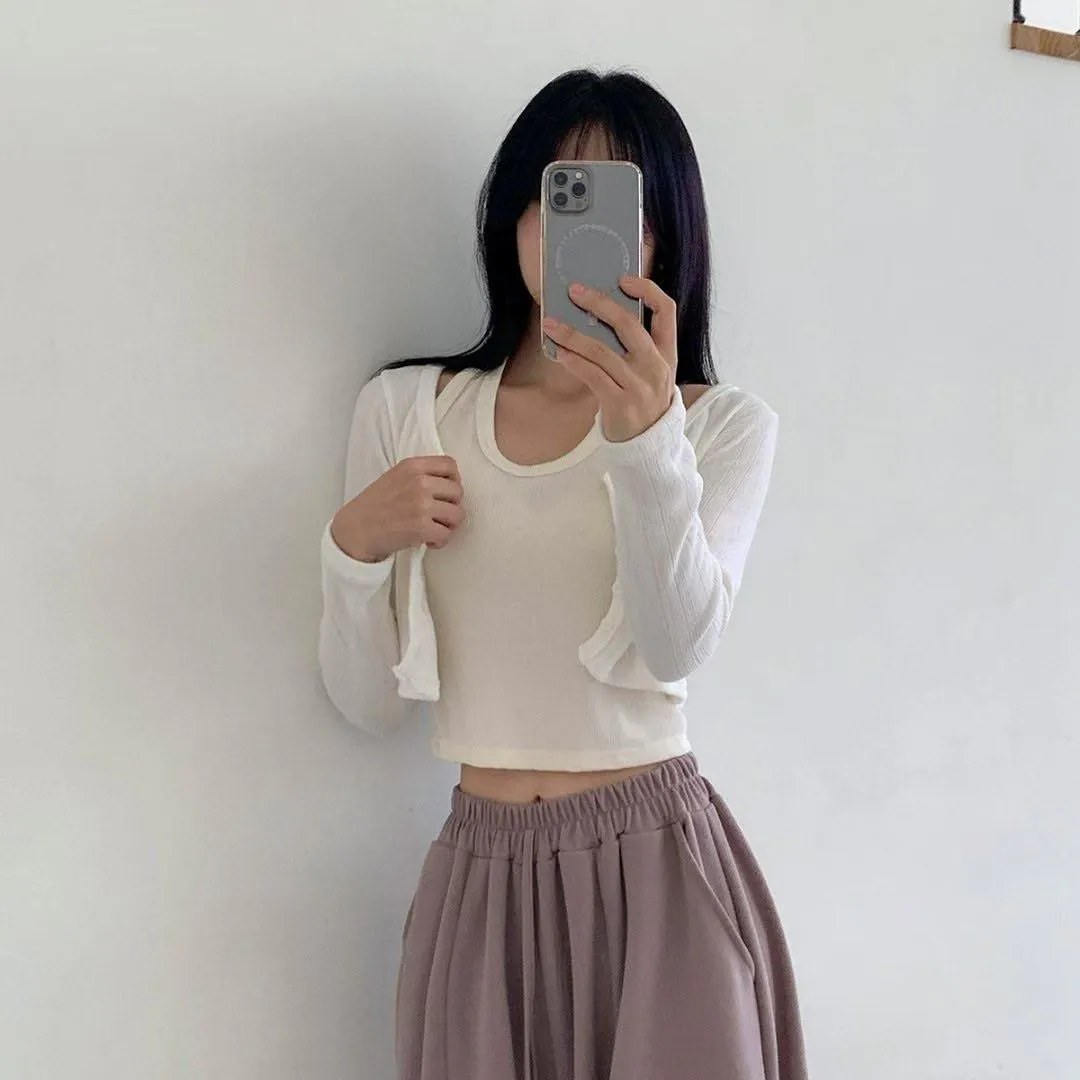 正韓掛脖假兩件層疊上衣