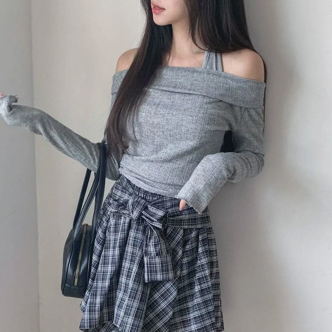 正韓褶皺掛脖針織上衣