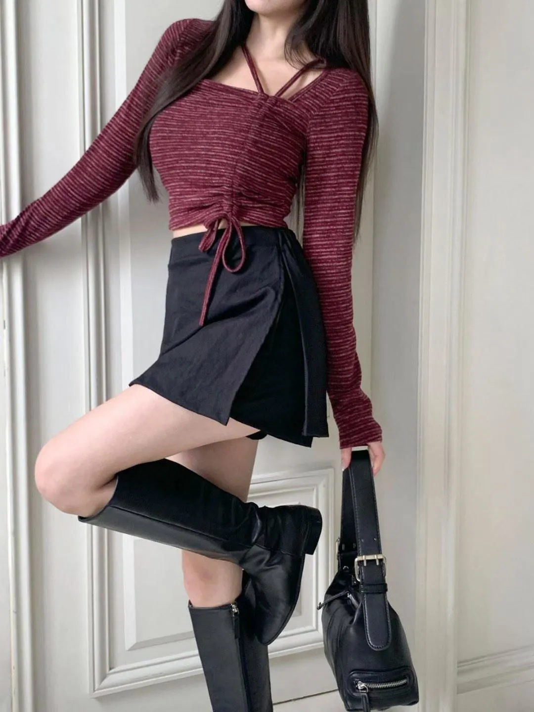 正韓綁帶伸縮不規則修身上衣