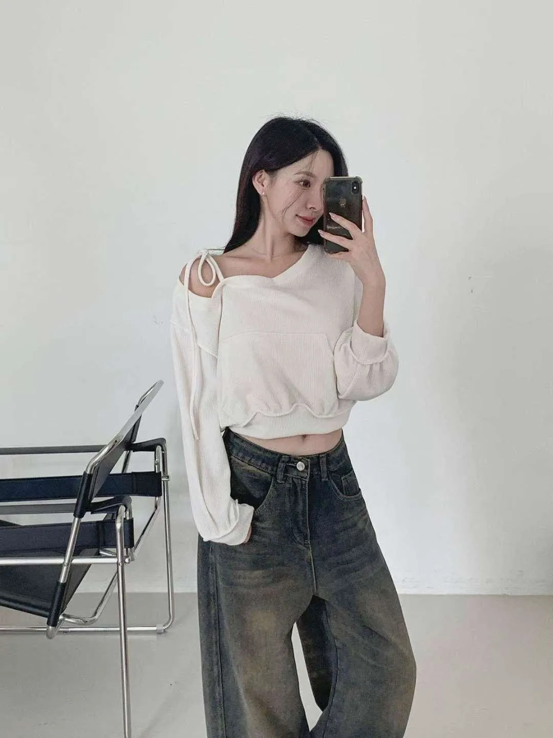 正韓露肩休閒大口袋上衣