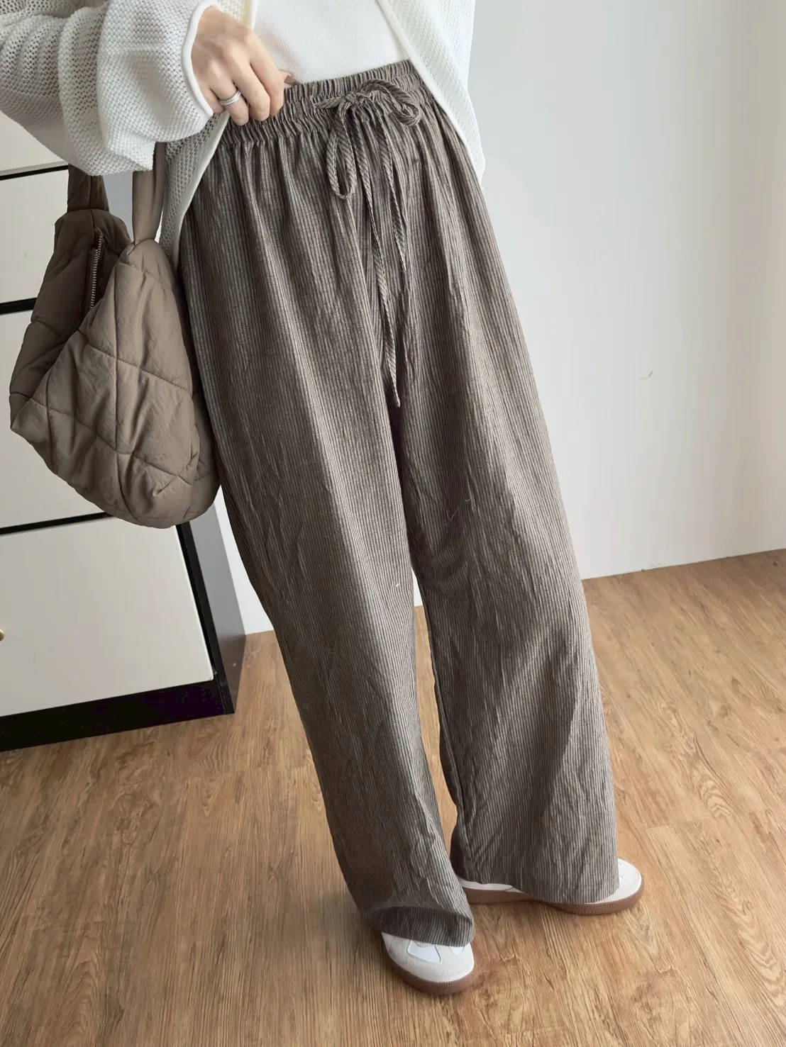 直條綁帶棉麻長褲