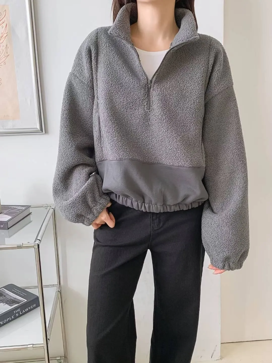 正韓QQ毛拉鏈口袋休閒上衣