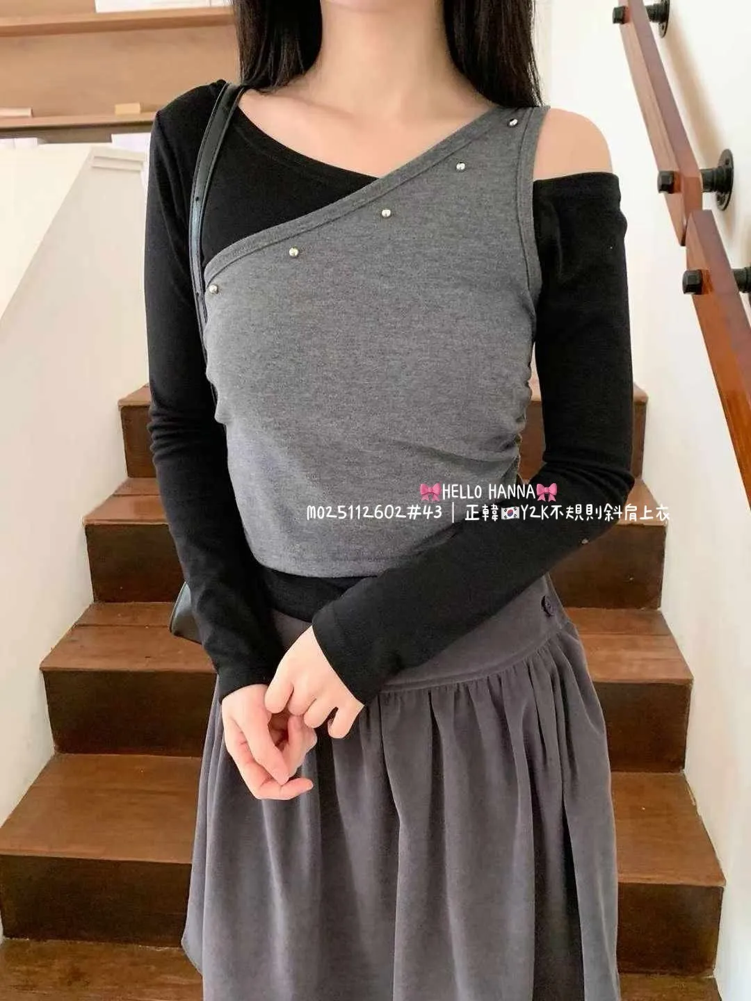 正韓Y2K不規則斜肩上衣