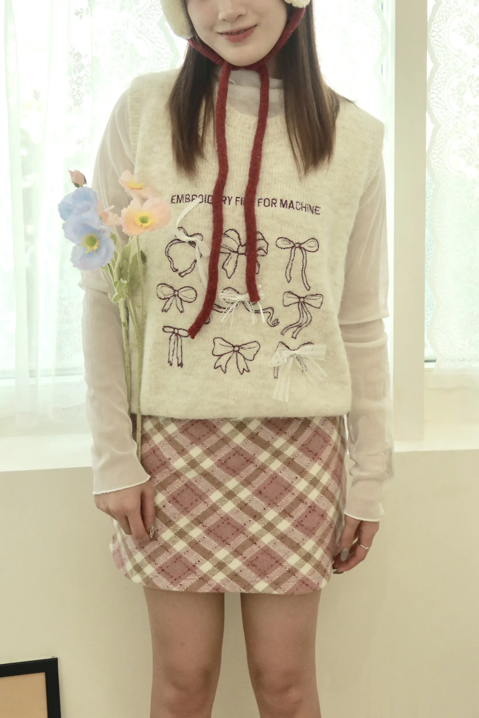 韓系休閒刺繡羊毛蝴蝶結背心