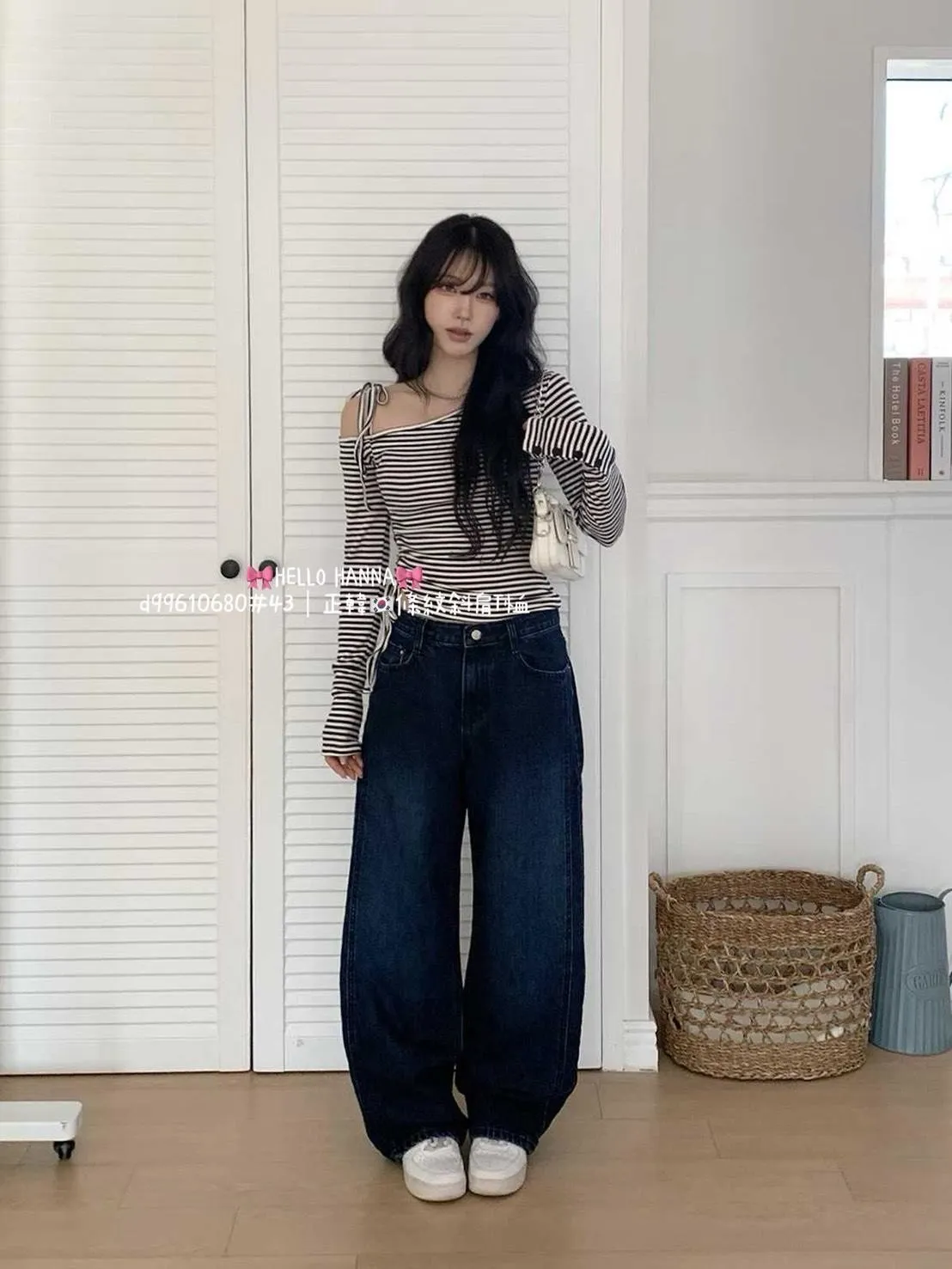 正韓條紋斜肩T恤