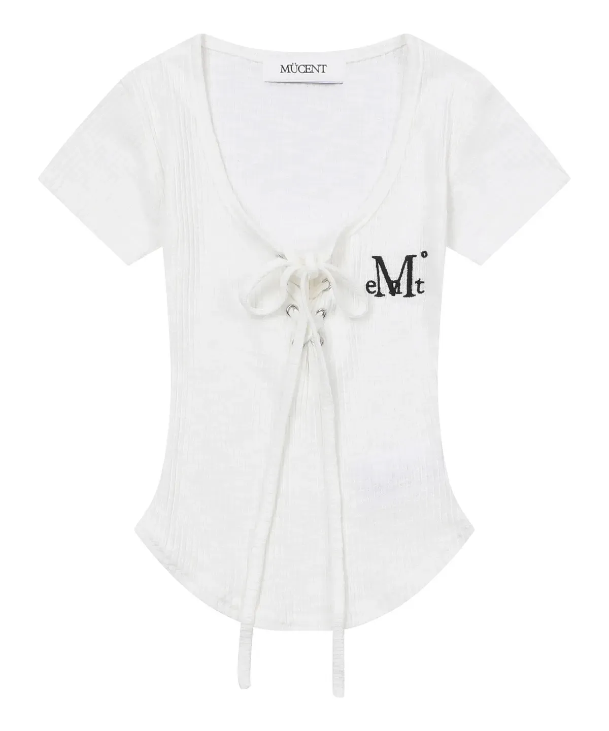 【預購】 MUCENT SARON EYELET LACE-UP SLIM FIT HALF T 前綁帶 下圓弧 修身上衣