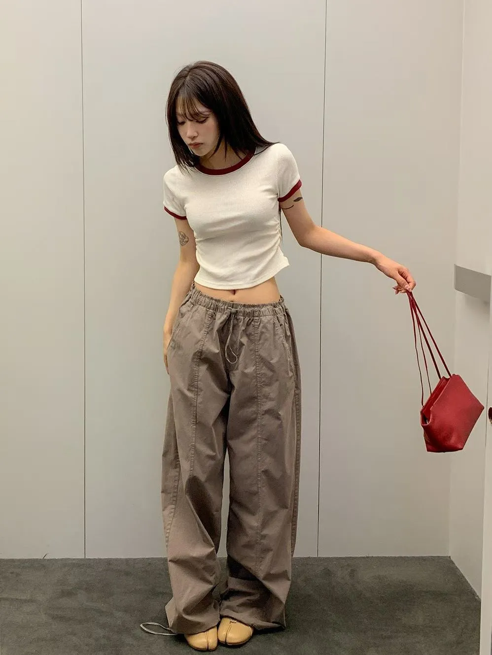 正韓撞色條紋綁帶上衣
