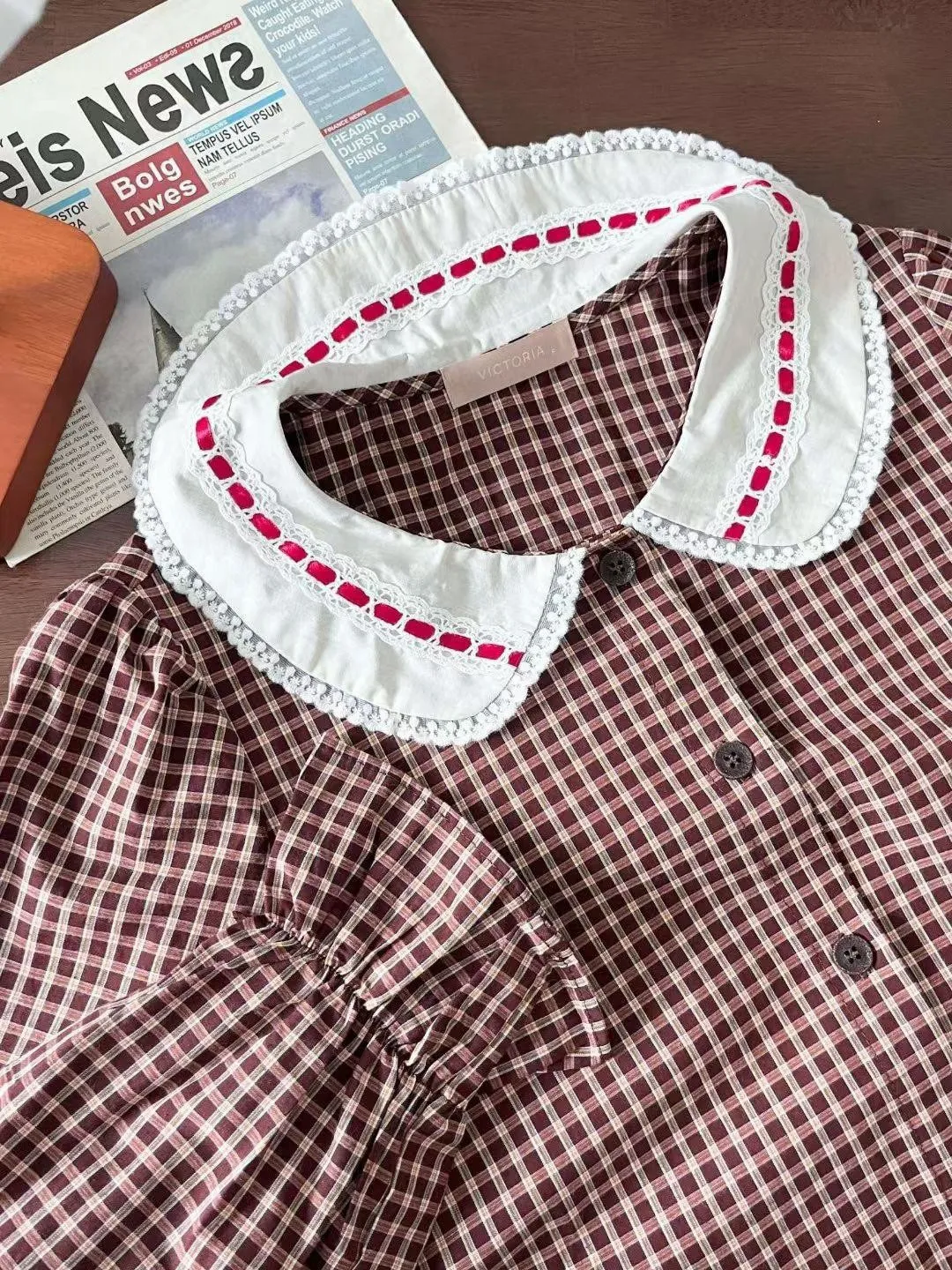 正韓格紋長袖花邊睡衣套裝