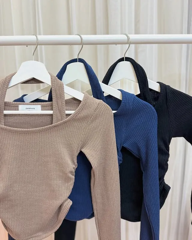 正韓假兩件掛脖顯瘦側腰褶皺上衣