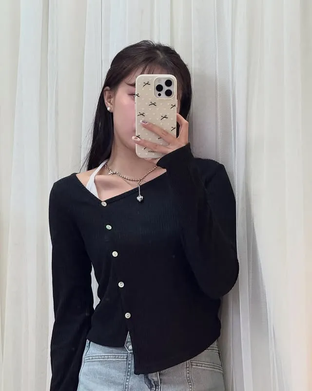 正韓不對稱羅紋長袖踢恤