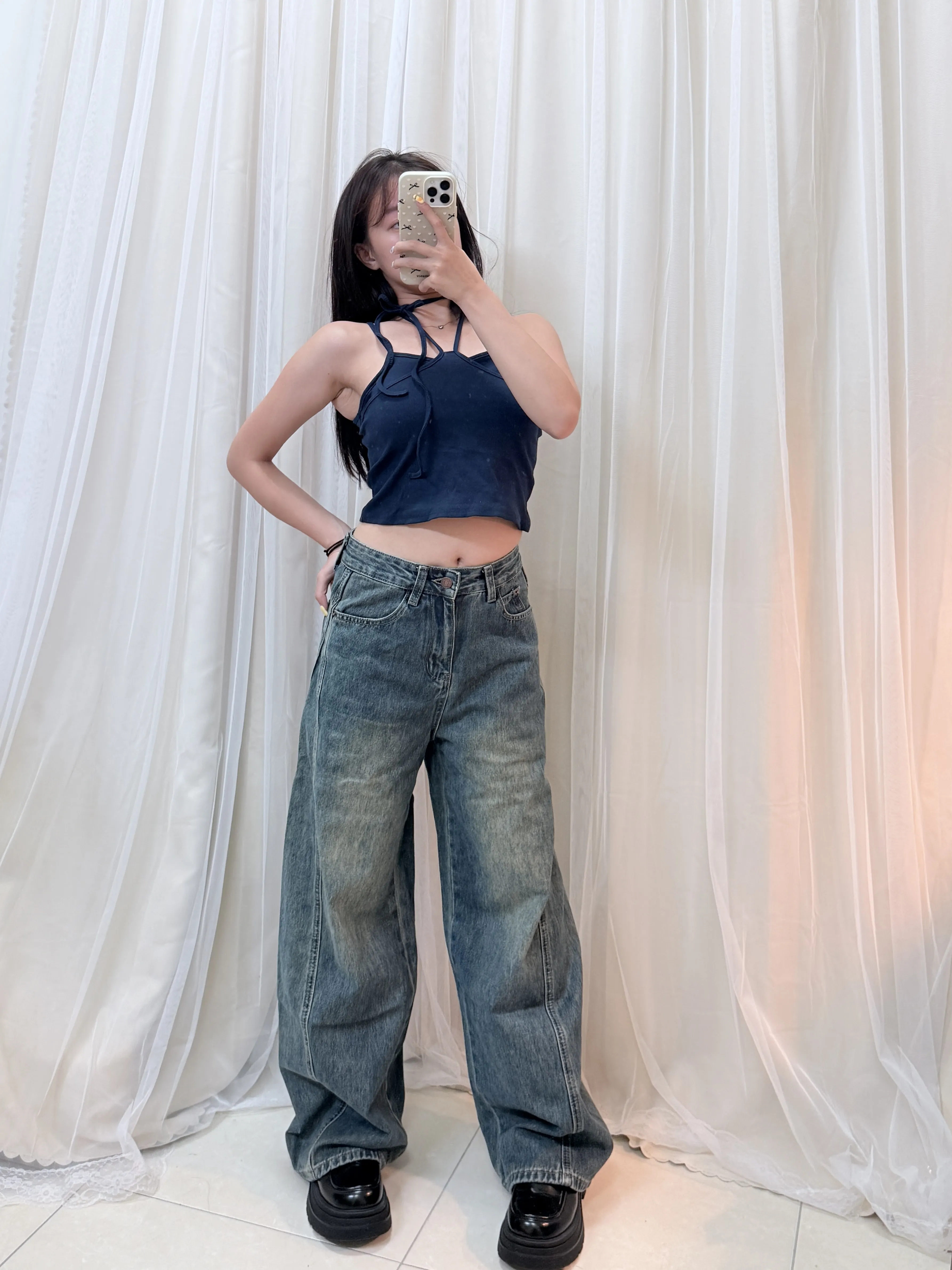 大腿藏匿術-顯瘦刷色高腰錐形寬褲