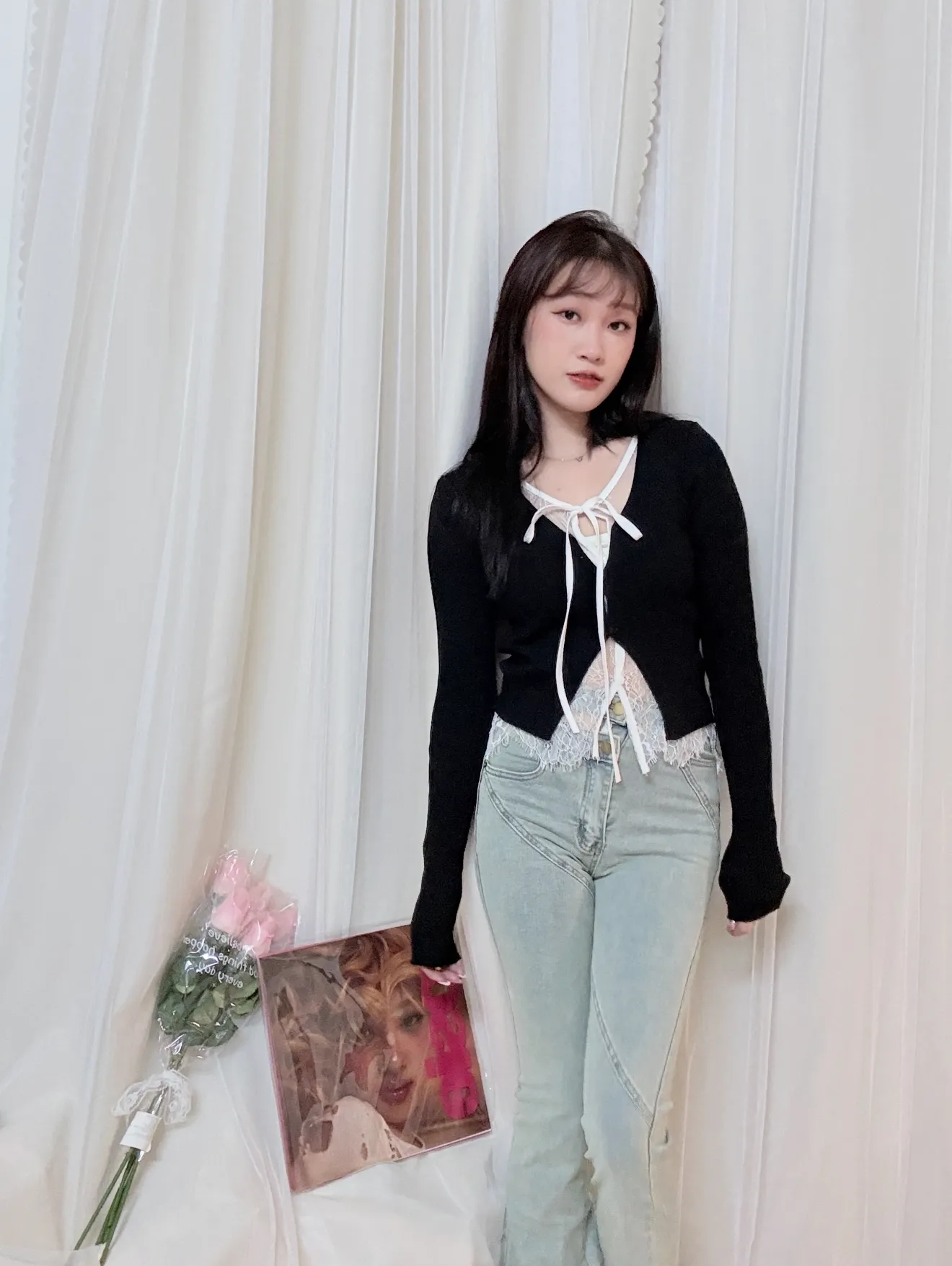 Threads爆紅-假兩件蕾絲拼接針織開衫氛圍感上衣