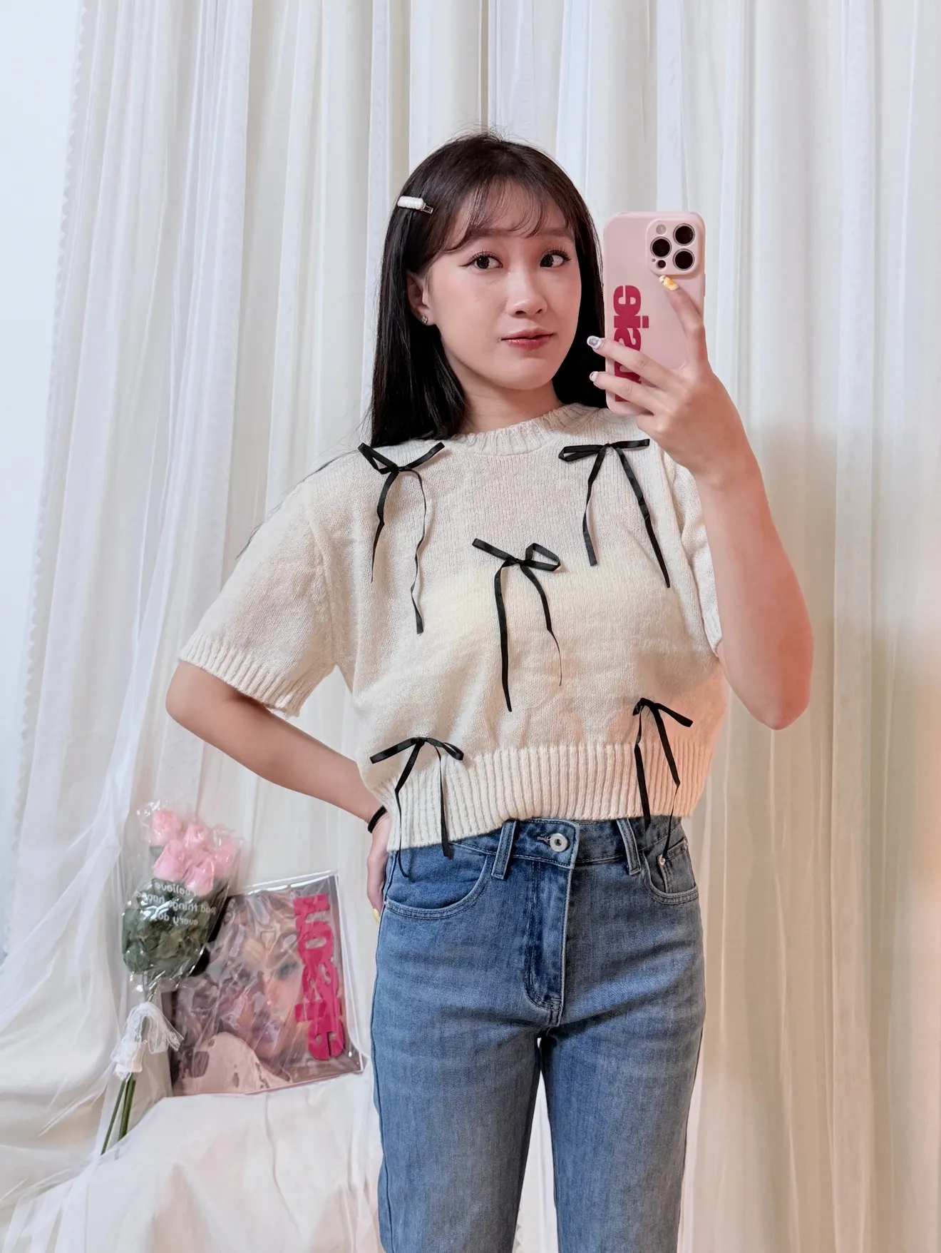 公主氣質-蝴蝶結甜美短款針織短袖上衣