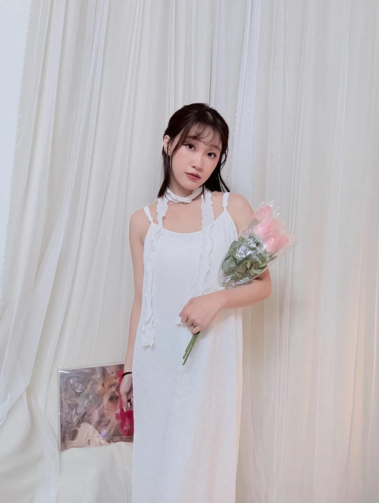 仙女必備-細肩捲捲絲帶水波紋洋裝