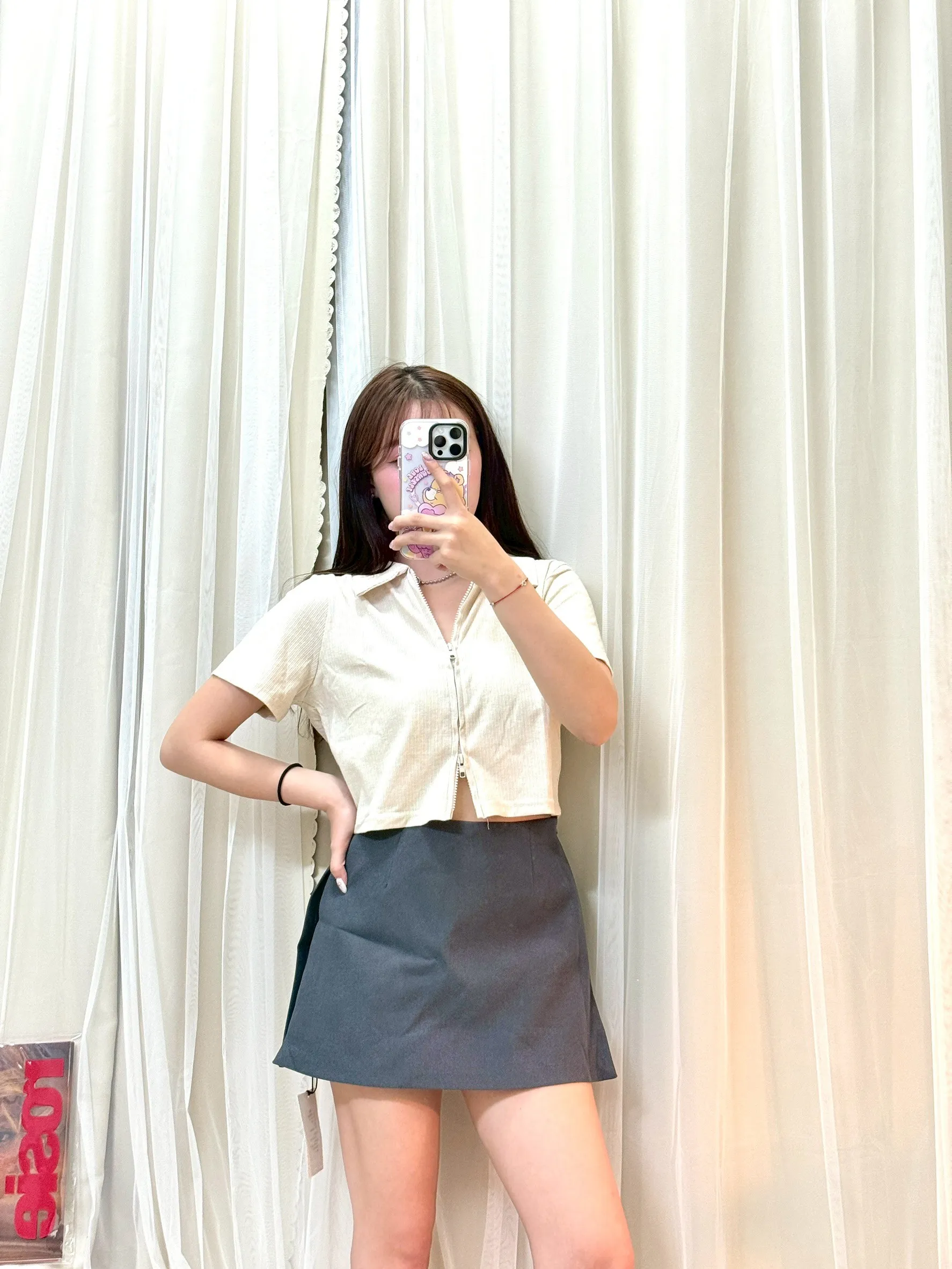 韓系穿搭-翻領雙拉鍊涼感短袖上衣