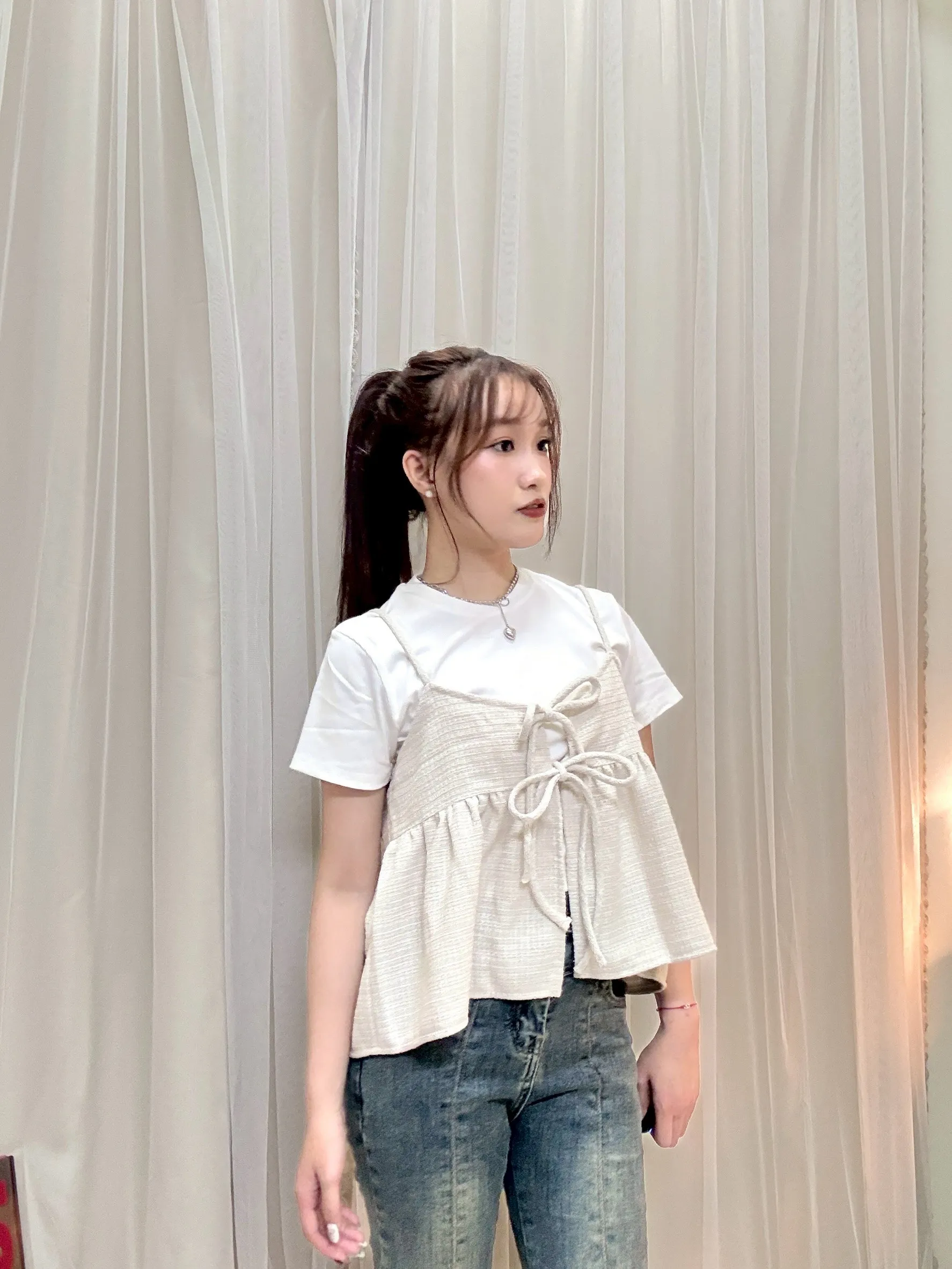 日系疊穿-細肩小香格紋雙綁帶背心